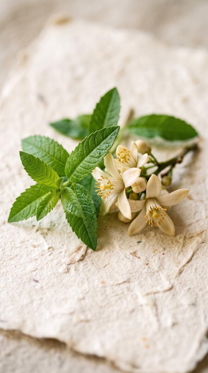 Plantes et fleur d'oranger sur papier artisanal