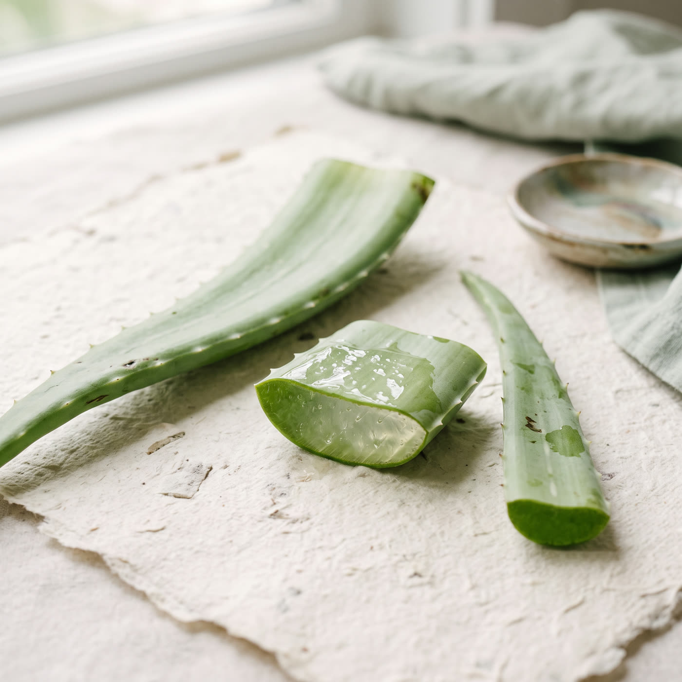 Feuilles d'aloe vera sur papier artisanal